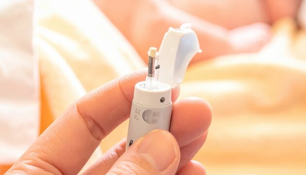 Hand holding a sterile heel prick lancet device for newborn blood sample collection during medical testing.