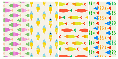 Colorful Fish Pattern With Four Variations On Cream Background © Bijon