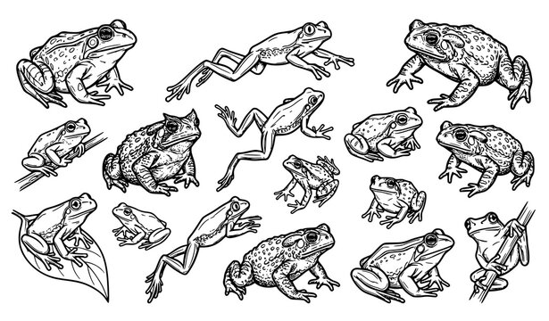 Detailed Frog and Toad Sketch Collection with Different Amphibian Poses Illustration