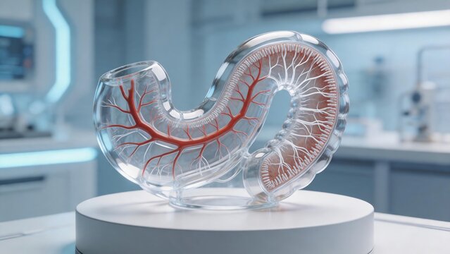 Transparent 3D anatomical model of human intestine demonstrating advanced vascular system for medical research