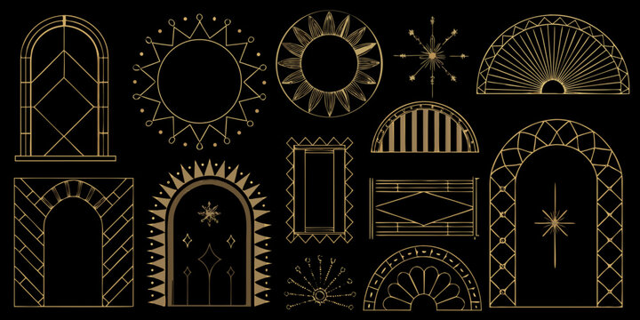 Gold Art Deco Frames Collection Linear Vector Illustration On Black