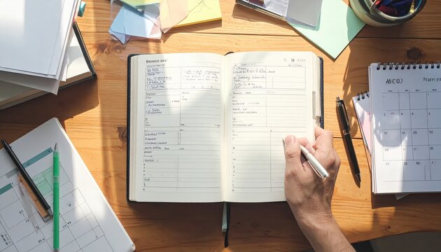 Nurse's Daily Planner Open With Handwritten Notes and Pen on Wooden Desk
