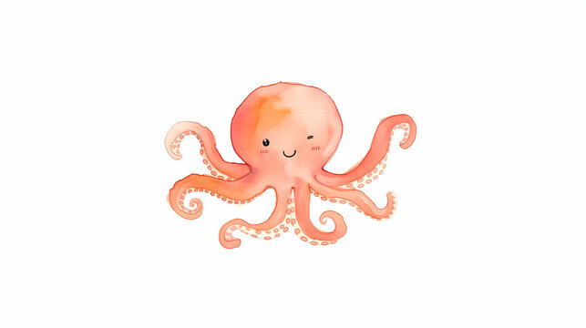 Watercolor octobus with on white background, perfect for nursery textile and children's watercolor illustration prints