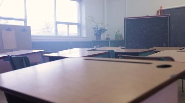 Classroom full of desks in a modern school environment