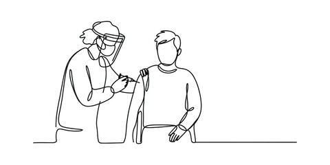 Continuous one line drawing of a doctor giving a vaccine shot to a patient wearing a face shield and mask Vector, illustration © Nippon_Art Gallery