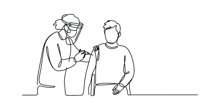 Continuous one line drawing of a doctor giving a vaccine shot to a patient wearing a face shield and mask Vector, illustration