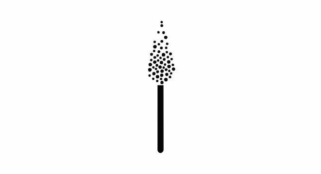 Black and white vector illustration of an ignited match or burning sparkler, featuring a stick with a radiant burst of dots, symbolizing light and energy