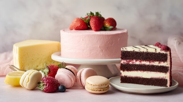 Pink frosted cake topped with strawberries. Slice reveals dark layers and creamy filling. Macarons, cheese, berries decorate the scene. Soft lighting highlights dessert's inviting texture