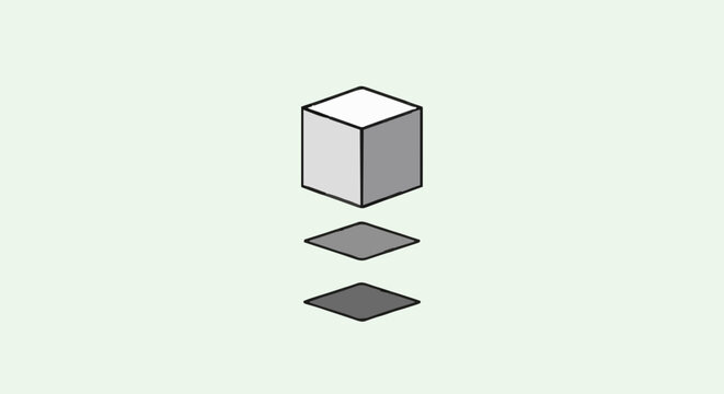 Minimalist abstract illustration of a 3D cube floating above two 2D square layers, symbolizing foundational structure, composition, and spatial relationships in a clean grayscale design