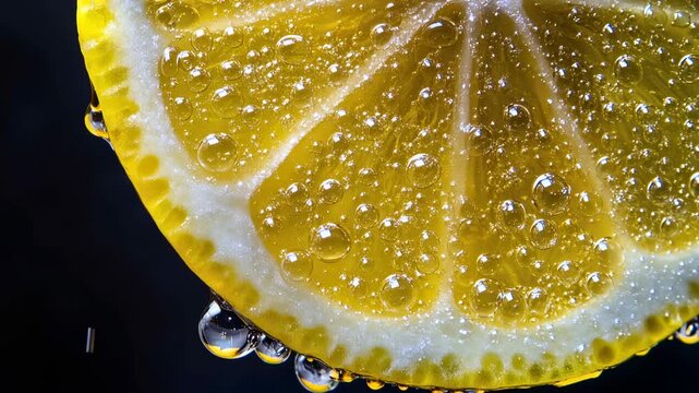 Macro close up of fresh lemon slice with sparkling water droplets on dark background creating juicy citrus freshness healthy nutrition summer drink ingredient and natural organic food photography