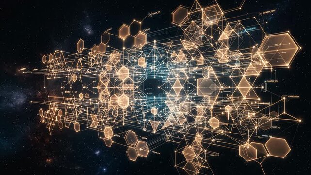 Futuristic Holographic Data Grid with Hexagonal Pattern Rotating in Space 4K