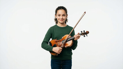 Fototapeta premium Young girl smiling while holding a violin in a neutral background 