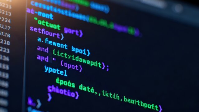 Closeup of computer screen displaying colorful code