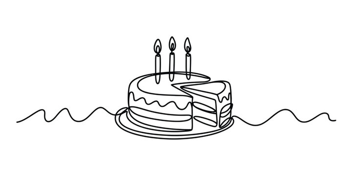 Continuous single line drawing of a birthday cake with three lit candles and a slice cut out Vector, illustration