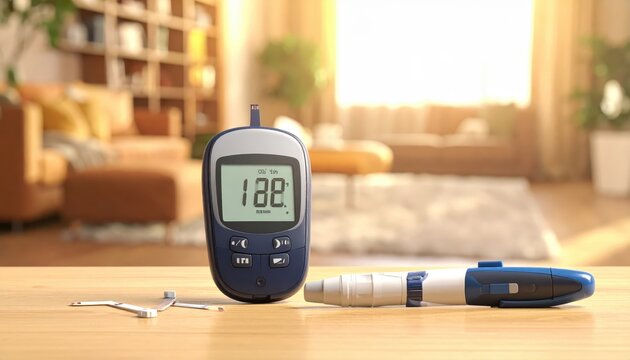 Handheld digital glucometer displaying a blood sugar reading next to a lancing pen on a wooden surface