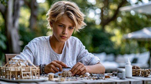 Boy creates model buildings outdoors with focus on details and craftsmanship during a sunny afternoon