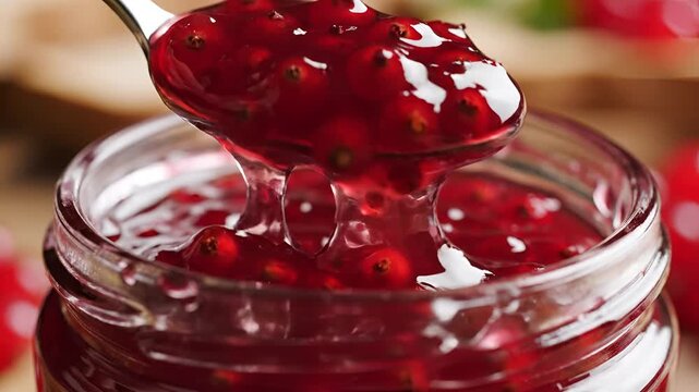 Close up of delicious homemade red currant jam being scooped from a jar with a spoon.
