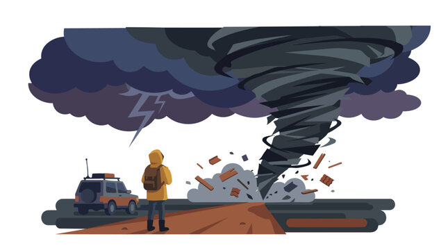 Storm chaser watching a massive tornado destruction from a distance near a vehicle.