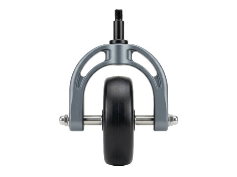 Front view of a single caster wheel assembly with a grey metal fork and black rubber tire isolated on transparent background