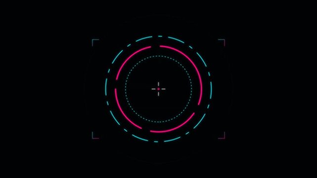 Futuristic digital hud target sight with glowing pink and blue circles on a dark background for scifi interface design elements