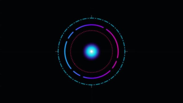 Neon glowing circular hud interface element with abstract light rings on a dark background for futuristic design projects