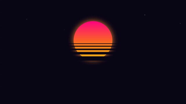 Retro synthwave sun with horizontal lines against a dark background for eighties style graphic design and digital art projects