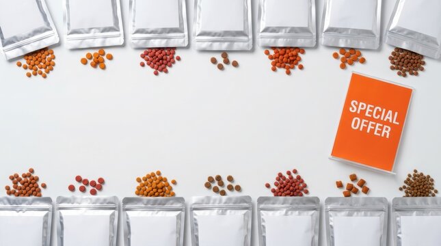 An assortment of premium pet food kibbles spilled from silver pouches next to a special offer sign