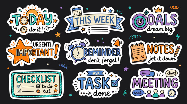 Colorful collection of hand drawn vector sticker designs featuring productivity themes like daily tasks reminders goals and important meeting notes