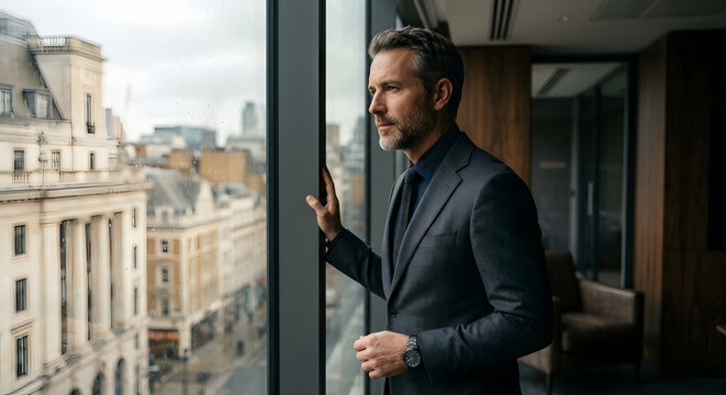 Thoughtful middle-aged businessman in a professional suit looking out of a modern skyscraper office window at an urban city landscape with historic architecture on a cloudy day.