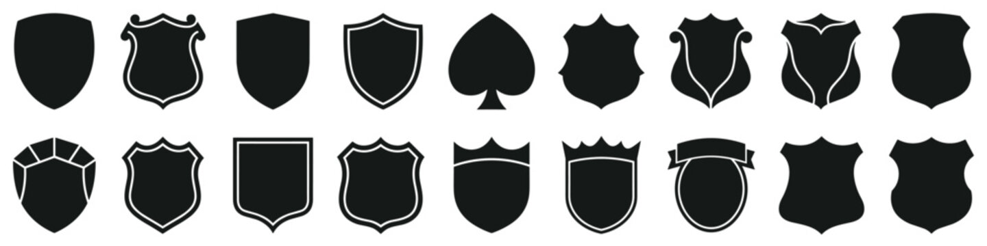 Diverse football crest shapes set. Vector sports shield silhouettes. Soccer team, military badge patches isolated on transparent background. Illustration shield shape protection, black security.