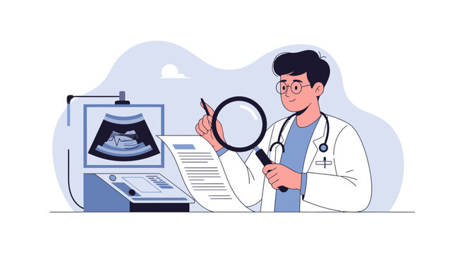 Doctor examines ultrasound scan and documents with magnifying glass
