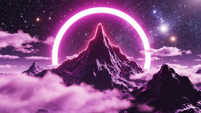 Abstract purple mountain range with glowing ring and starry night sky