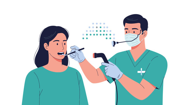 Doctor examining patient's throat with endoscope for medical checkup