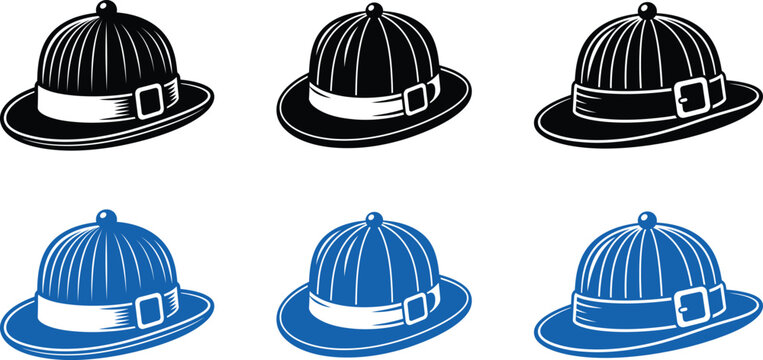 Set of classic bowler hats in black and blue colors for fashion and vintage style design elements