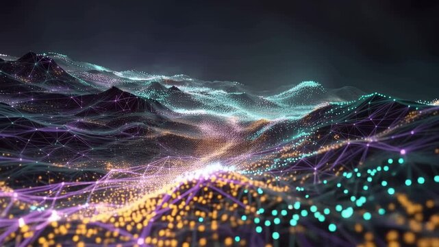Glowing digital mountain landscape with luminous data particles and flowing network lines creating abstract technology terrain artificial intelligence visualization and futuristic science background