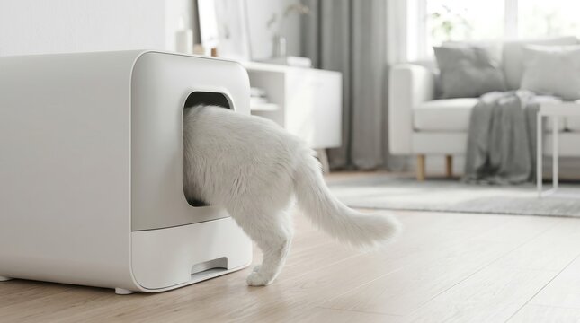 A fluffy white cat's hindquarters and tail emerge from a modern self cleaning litter box in a bright room