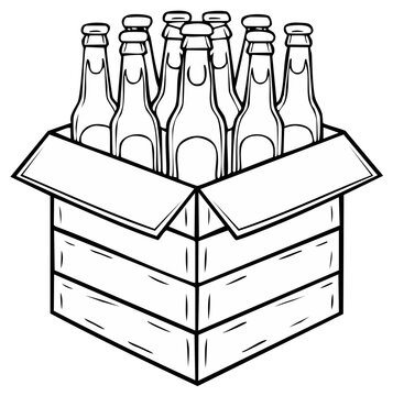 Cartoon illustration of a six-pack of beer bottles in a wooden crate.