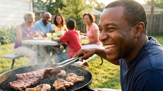 Juneteenth African American man grilling BBQ laughing at family celebration for freedom day holiday festival community gathering event design