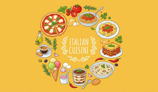 Flat cartoon Italian cuisine set with traditional dishes and restaurant food vector