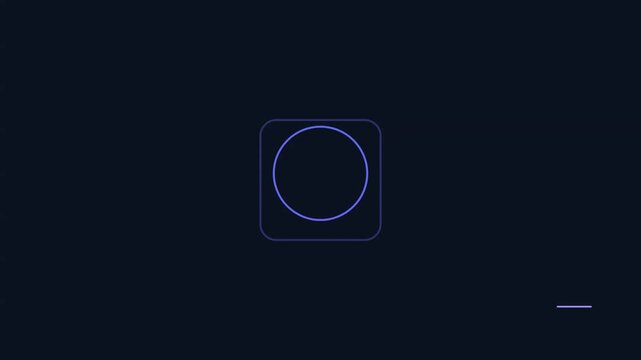 Minimalist square icon with a circle inside featuring thin blue neon lines on a dark blue background