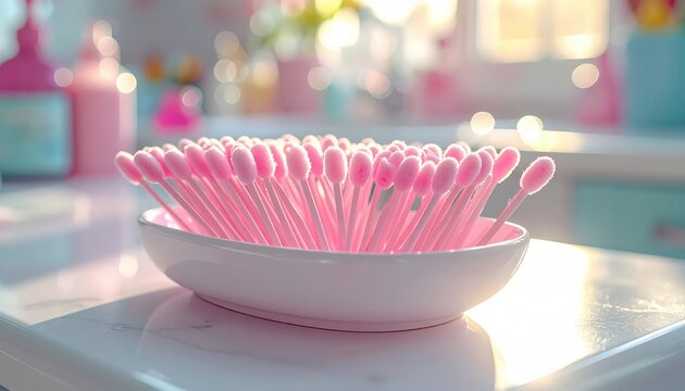 Numerous pink foam-tipped swabs arranged in a clean white dish, showcasing a collection of hygiene and beauty tools