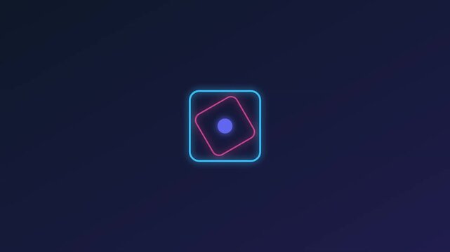 Abstract geometric shape with glowing blue and pink neon lines and a central dot on a dark blue background for digital tech design