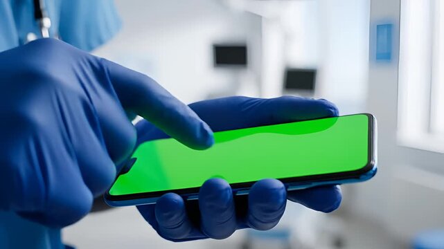 Doctor wearing blue gloves holding a smartphone with a green screen in a hospital setting.
