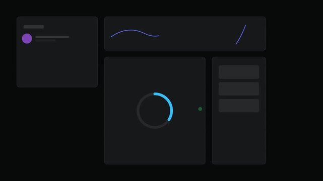 Modern dark mode dashboard user interface design template with loading progress circle and data charts in a minimalist style