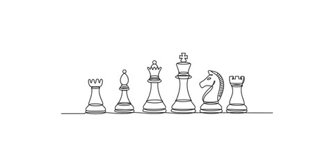 A black and white line drawing of chess pieces on a white background © Kartik
