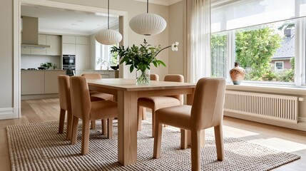 Fototapeta premium bright modern dining room with light wood table and kitchen