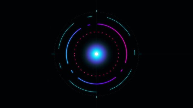 Abstract neon glowing circular digital interface with light flare and sci-fi hud elements on a dark background