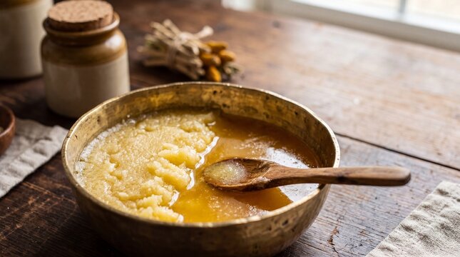 Golden Ghee Clarified Butter in Rustic Bowl with Wooden Spoon