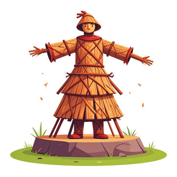 Scarecrow standing on a platform outdoors.