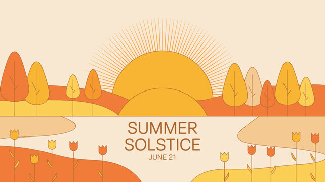 Summer solstice celebration with sun and landscape illustration